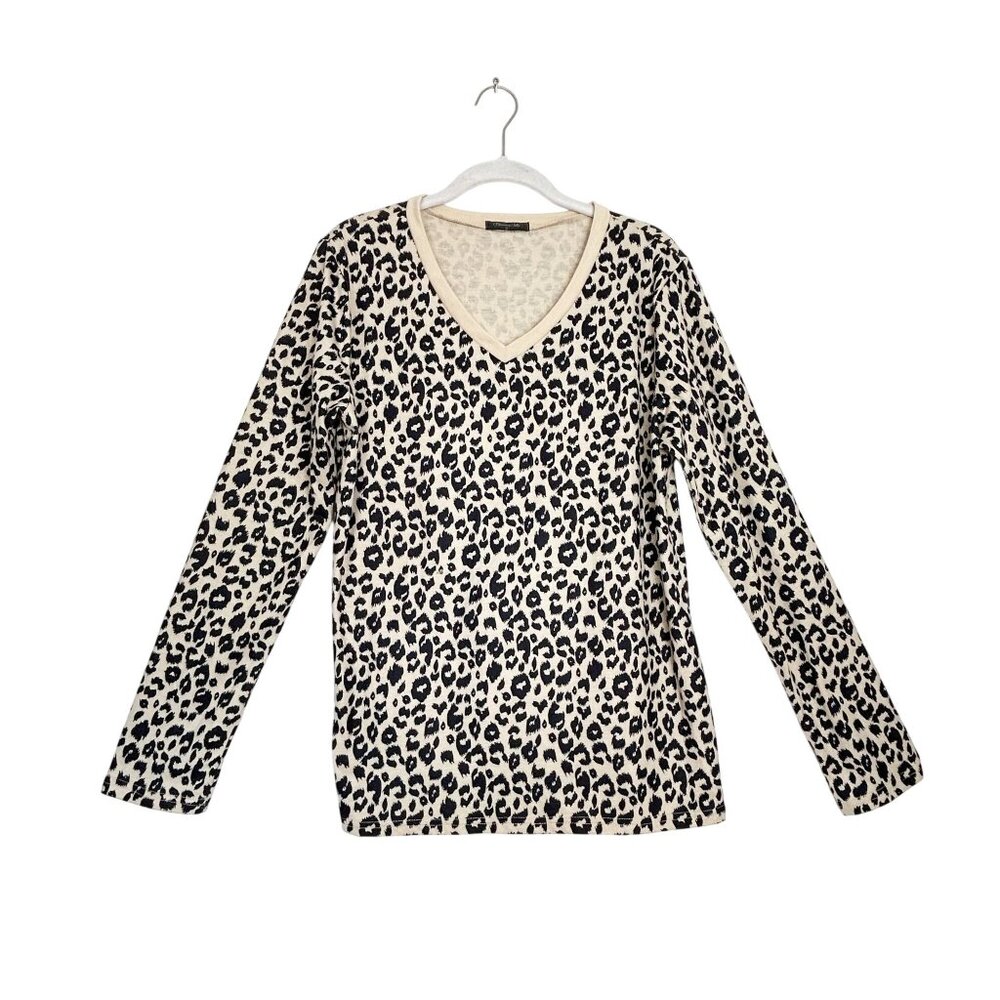Blooming Jelly Women's Animal Print V-Neck Long Sleeve Top in Cream/Black - Sz M